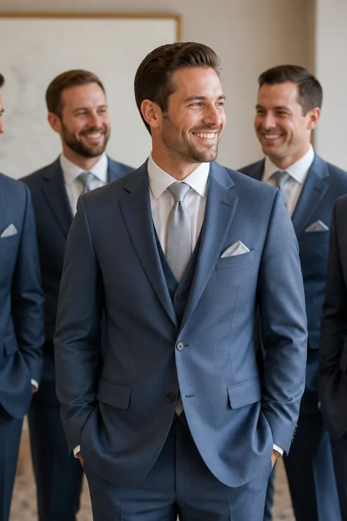 A groom in a steel blue suit with a white shirt and a silver tie; groomsmen wear steel blue suits with matching silver ties and coordinated silver pocket squares, photographed indoors with soft lighting.
