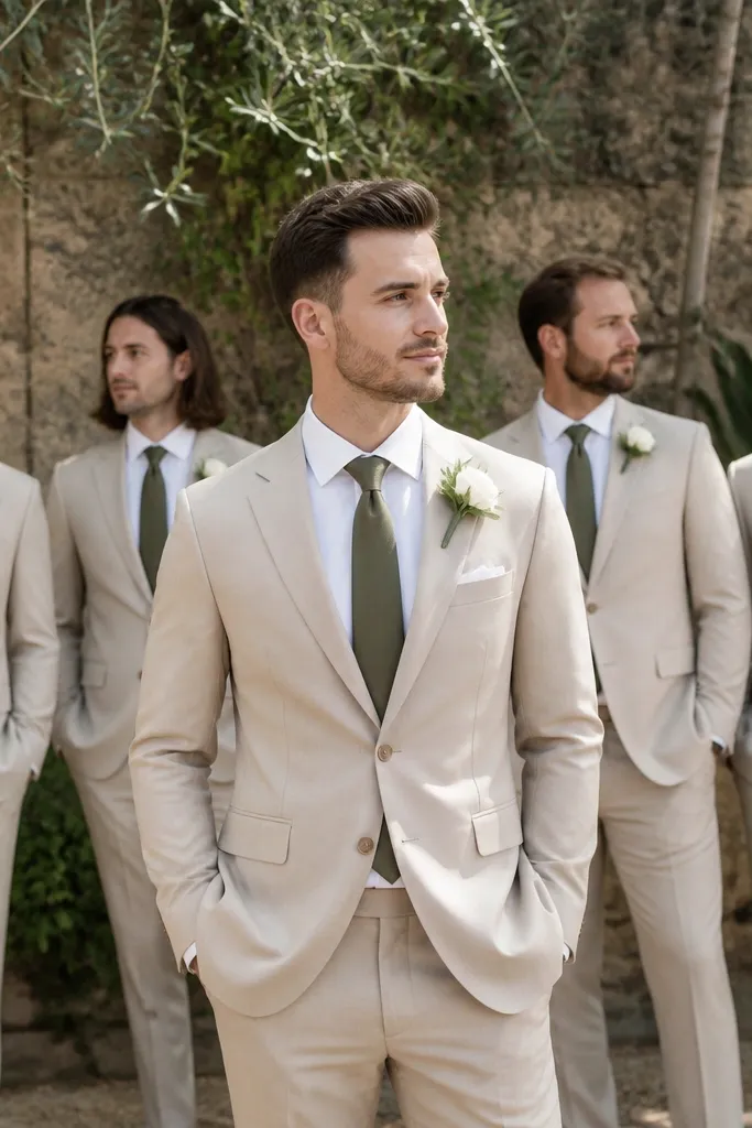 A groom wearing a sand-colored suit with an olive green tie and white shirt; groomsmen wear matching sand suits and olive ties, posed near greenery with natural textures in the background.