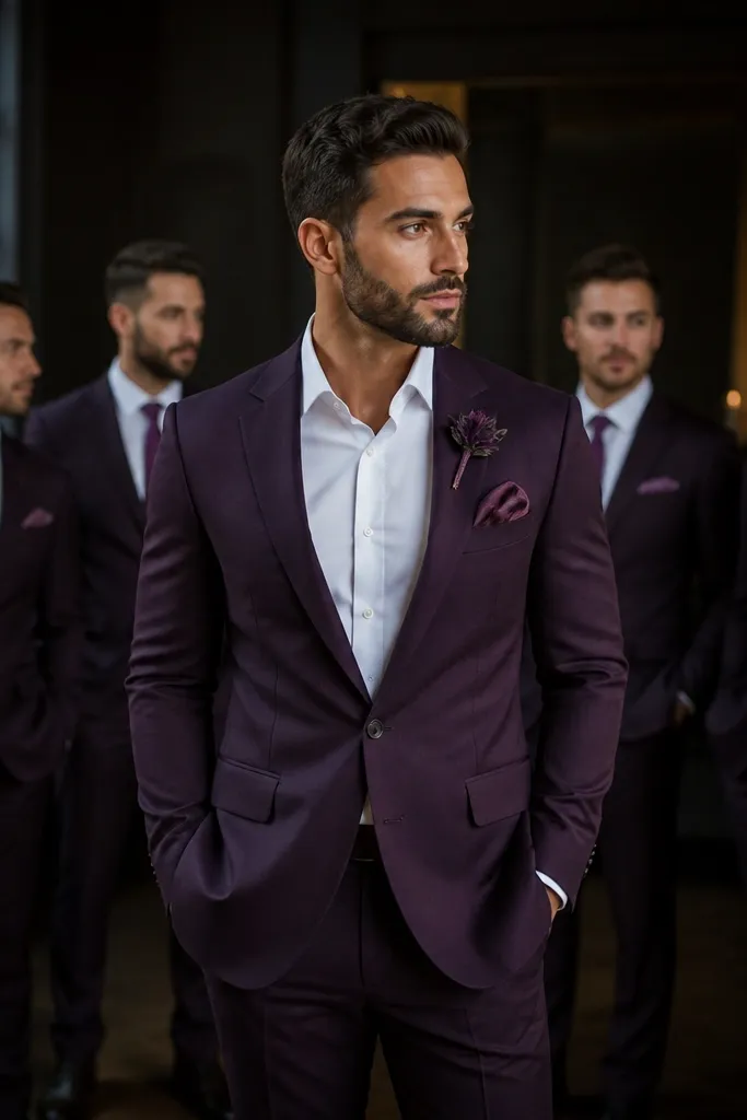 A groom in an eggplant purple suit with a light shirt; groomsmen wear coordinated eggplant suits with plum pocket squares and matching tie shades, shown in a dark, moody indoor venue.