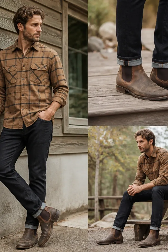 Men wearing dark charcoal selvedge jeans with a slight taper, paired with brown distressed Chelsea boots and a tan flannel button-down. The boots have elastic side panels and a worn leather finish.