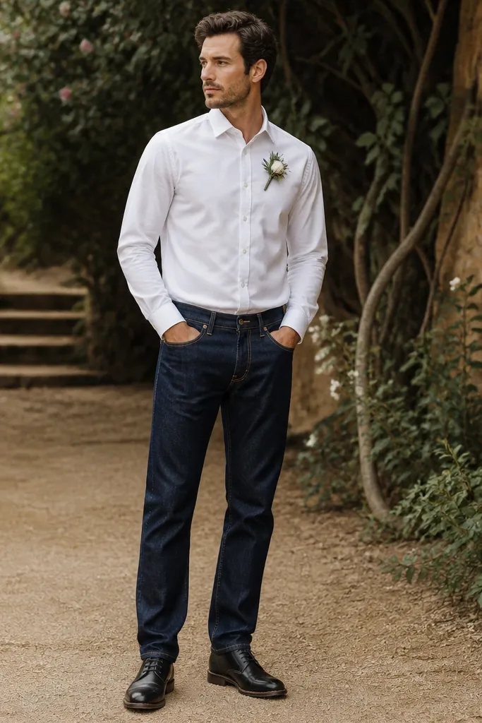 A groomsman outfit featuring classic indigo straight-leg jeans, black lace-up boots, and a white oxford shirt. The denim has minimal fading and a clean waistband.