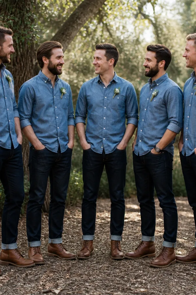 Groomsmen in dark wash tapered jeans with clean cuffs, cognac brown work boots, and rolled-sleeve chambray shirts. The socks are mostly hidden above the boot opening.