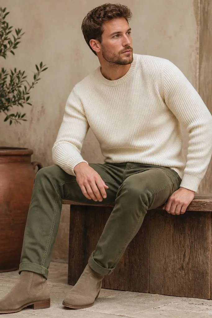 A rustic-themed outfit with olive green denim resembling chinos, taupe suede boots, and a cream knit sweater. The boots show suede texture and a low heel.