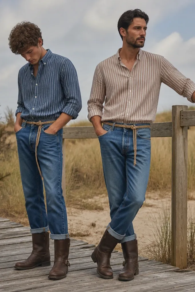 Men wearing medium-wash denim with a rope belt, chocolate brown engineer boots, and tucked-in striped shirts. The boots have metal buckles and a rugged shaft.