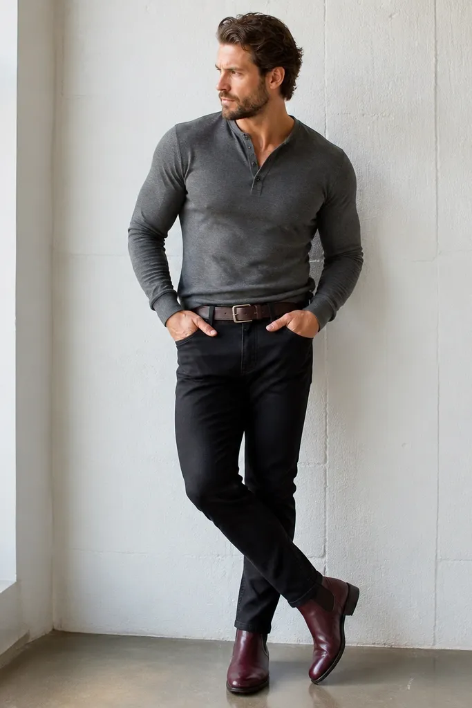 Men in black denim jeans paired with burgundy leather boots, wearing a gray long-sleeve henley and a dark leather belt. The boots have a rich wine tone.