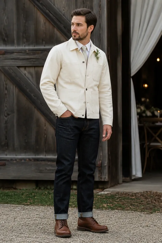 A groomsman wearing raw selvedge denim (stiff, minimal fade) with natural leather logger boots and a cream canvas jacket. The hem shows red selvedge thread.