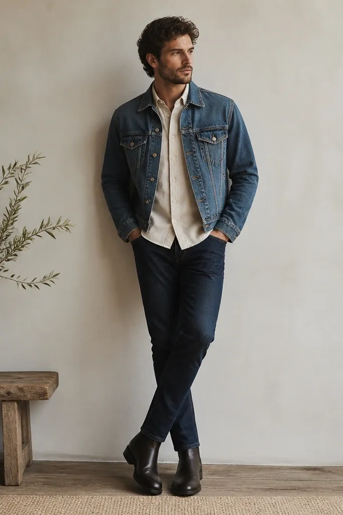 A coordinated outfit showing a denim jacket over a cream shirt, paired with dark Chelsea boots and dark blue jeans. The jacket has metal buttons and a slightly worn finish.