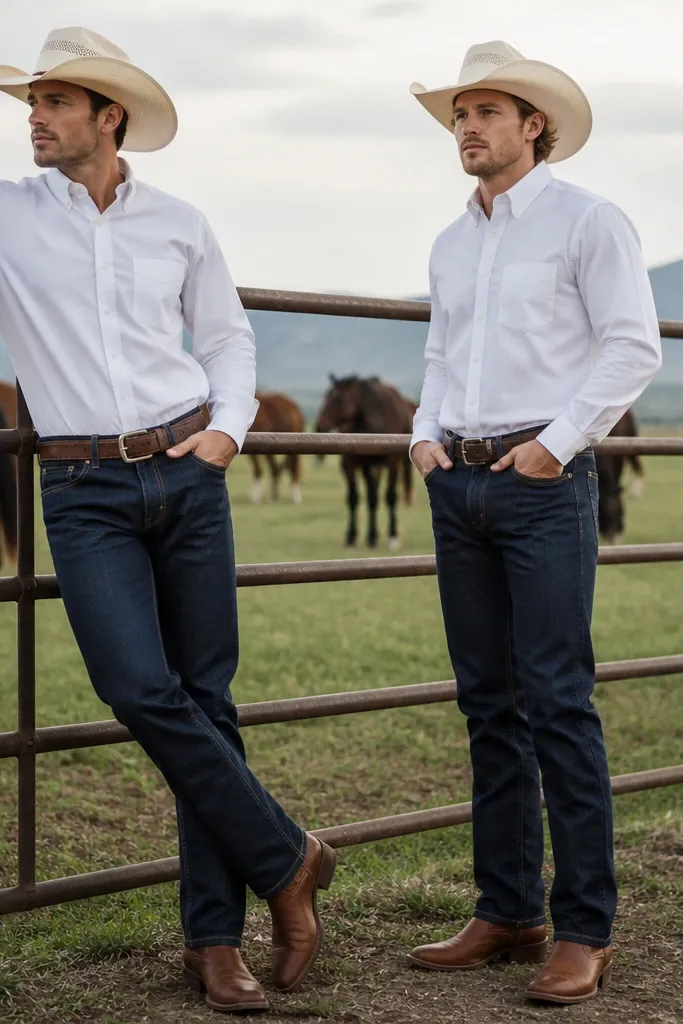 Men wearing dark denim jeans, crisp white shirts, and leather roper boots with a pointed toe. The outfits have a clean, ranch-inspired silhouette.