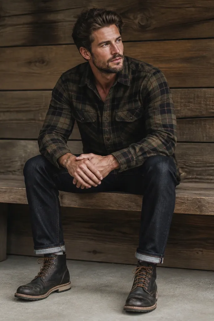 A groomsman sitting on a wooden bench; dark rinse jeans, a rugged plaid flannel, and black-brown lace-up boots with visible wear and a thick sole.
