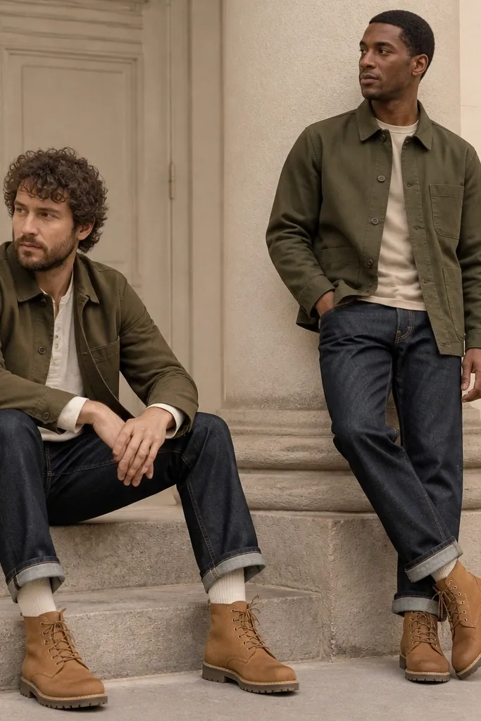 Two groomsmen in olive chore jackets layered over raw-look denim jeans; they wear tan work boots and simple crew socks visible at the ankle.