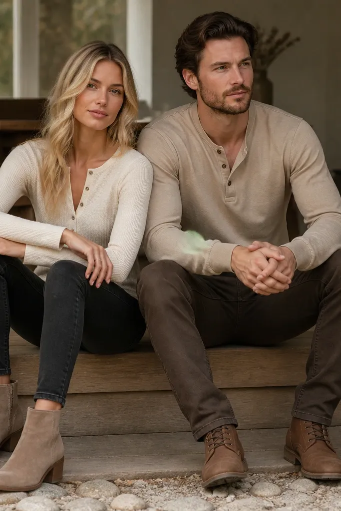 A woman and a man in matching rustic tones; the woman wears a fitted waffle-knit henley in cream, dark skinny jeans, and taupe suede ankle boots; the man wears a similar color scheme with a henley.