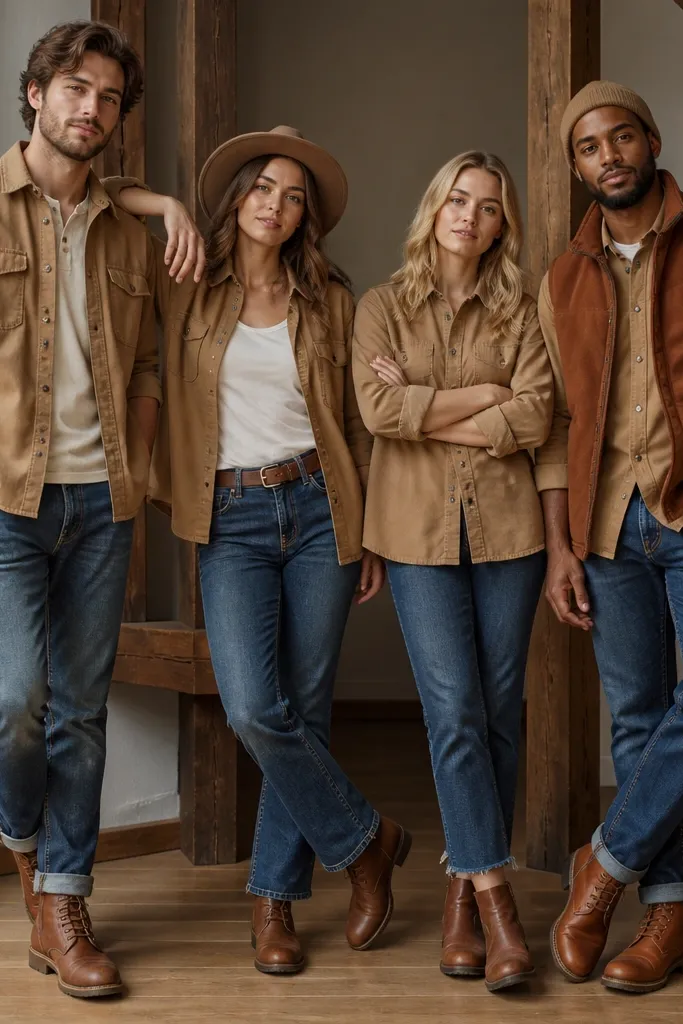 A group photo indoors near wood beams; outfits show tan twill overshirts over denim jeans and rust brown boots; one person wears a vest in the same brown family.