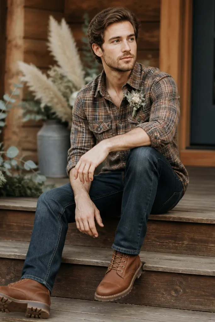 A groomsman in a mid-brown plaid button-down, rolled sleeves, medium-dark jeans, and mid-brown work boots with a rugged tread sole.