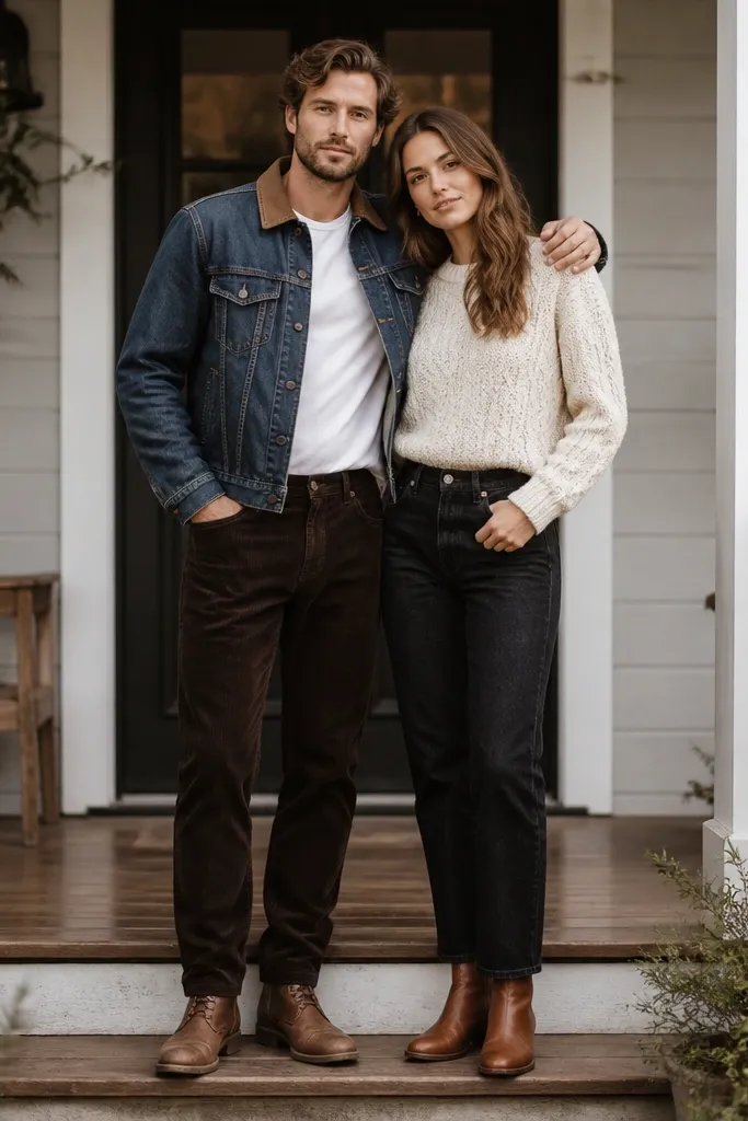 A couple standing on a porch; the man wears dark corduroy pants instead of denim, a denim jacket, and brown leather boots; the woman wears dark jeans with the same boot tone.