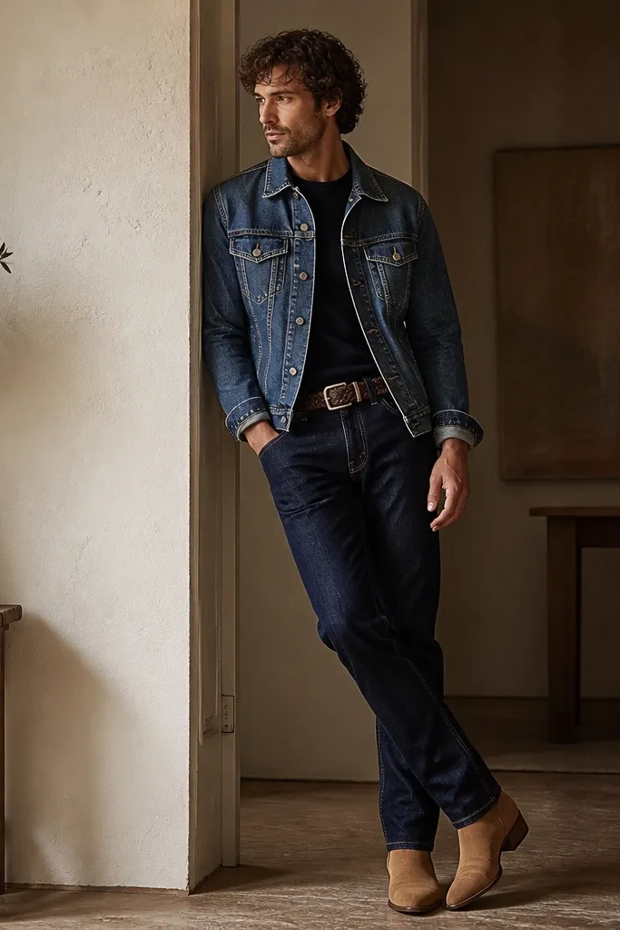 A styled outfit with a medium-dark denim jacket over dark indigo jeans; a woven belt visible at the waist and tan boots with a slightly pointed toe.