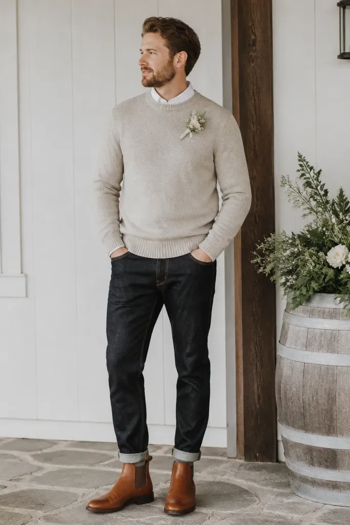 A groomsman in cuffed dark jeans showing a bit of sock; he wears pull-on pull tabs boots in caramel leather and a lightweight knit sweater.