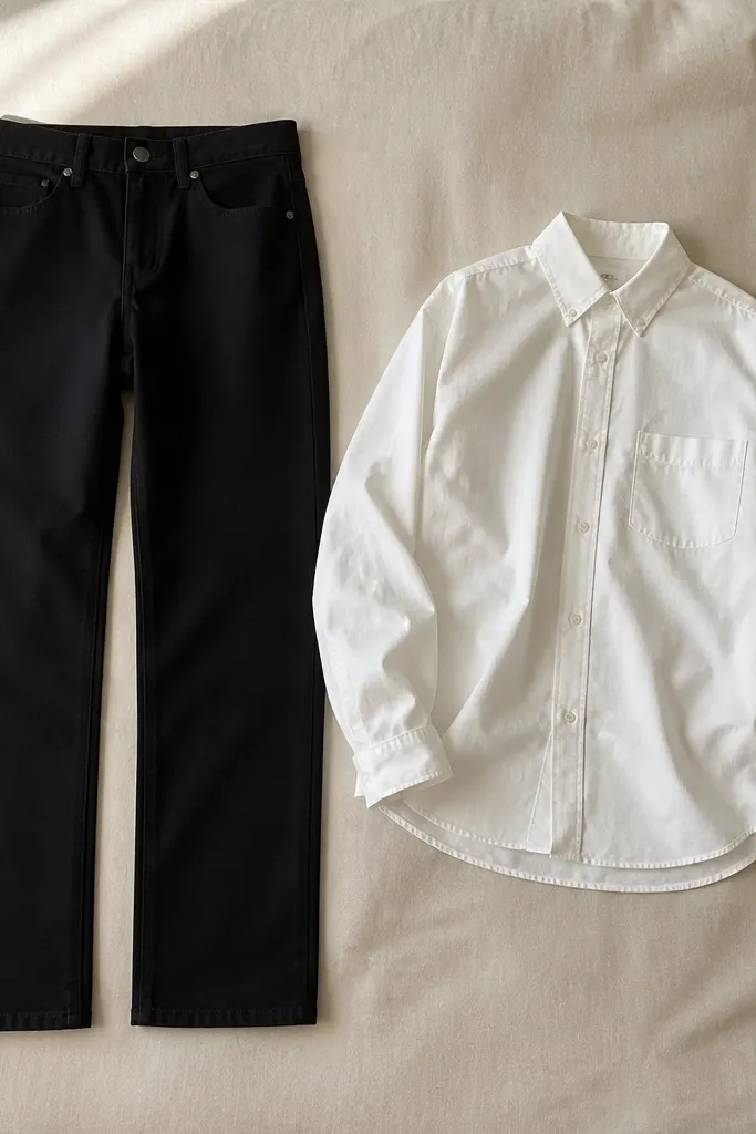 A pair of deep black, straight-leg denim jeans laid flat next to a white button-down shirt; the denim has no rips or whiskering and looks smooth like dress fabric.