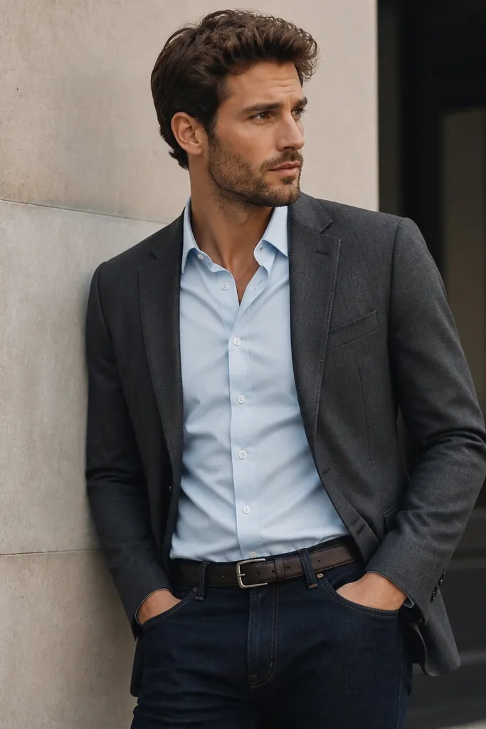 A charcoal blazer draped over dark jeans with a crisp light-blue dress shirt and a simple leather belt; the blazer sleeves are neatly aligned.