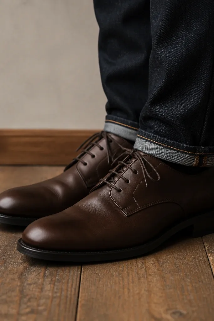 Dark brown oxford-style shoes with a low shine finish next to dark jeans; the laces are tied neatly and the shoe toe is clean.