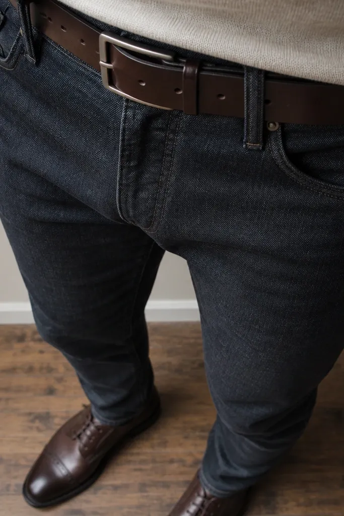 A close view showing a dark brown leather belt with a simple buckle aligned with dark brown dress shoes and dark jeans.