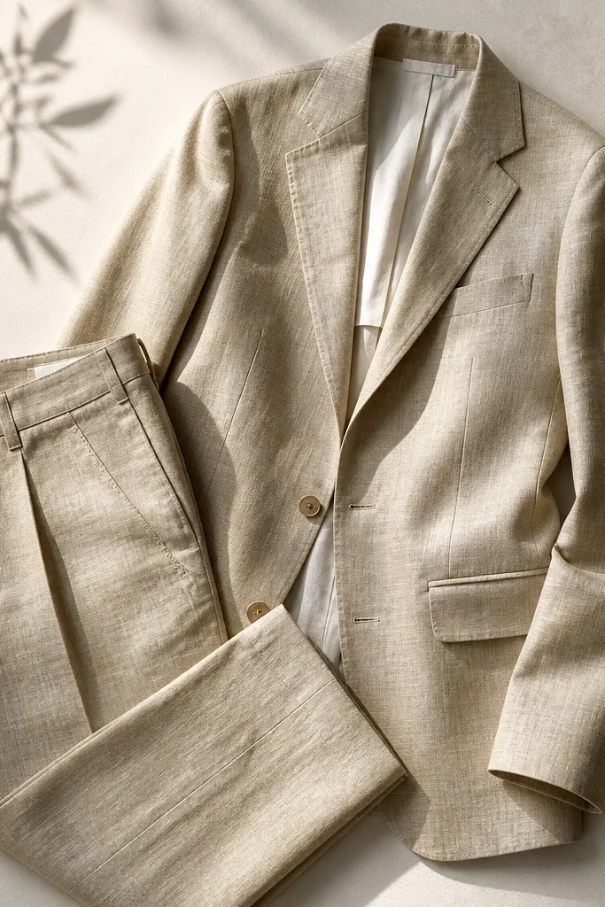 A light tan suit jacket and matching trousers laid out; the fabric shows subtle texture like linen and looks breathable.