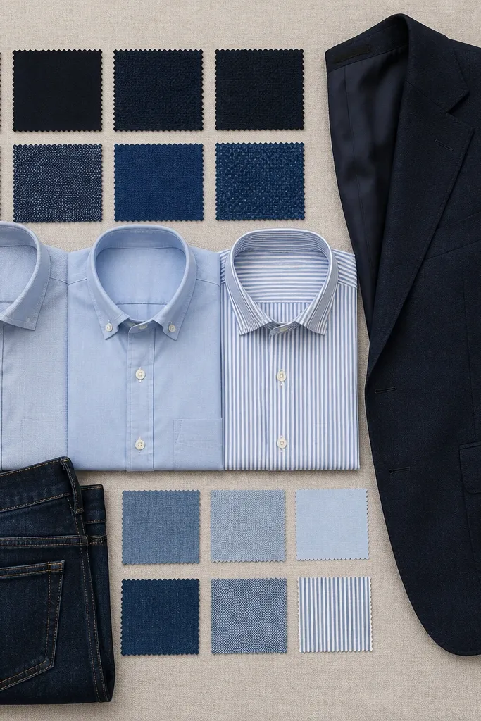 A flat-lay of a color palette: navy blazer swatches, light-blue shirts, and dark jeans; small fabric swatches are arranged by tone.