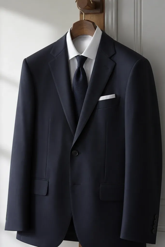 A classic navy suit with a crisp white shirt and tie on a hanger; the fabric looks smooth and the jacket shoulders are structured.