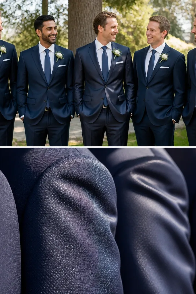 Five groomsmen in navy suits standing outdoors; two jackets look matte while the others look slightly shiny under direct sunlight; close-up shows different fabric textures.