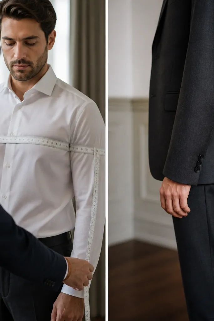 A tailor measuring tape around a groomsman’s chest and arm; a second panel shows a jacket sleeve extending past the wrist when standing.