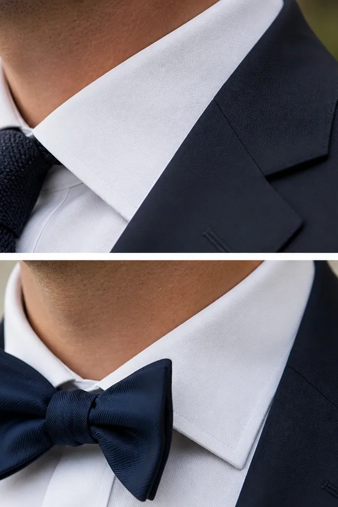 Close-up of a dress shirt collar showing either tight contact with the suit jacket lapel or a visible gap; a bow tie sits centered between the collar points in one photo.