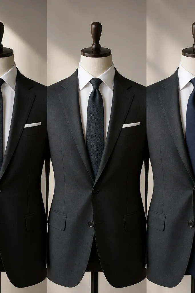 Three ties on a mannequin: one narrow, one standard, one wide; the wide tie covers more of the shirt front and changes the lapel-to-neck proportions.