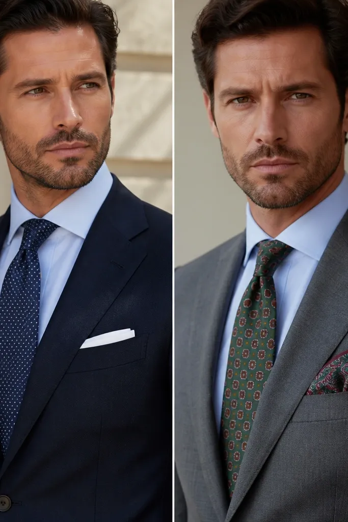 Two outfits side-by-side: one pocket square is solid white while the tie has a subtle pattern; the other pocket square has a competing pattern and the colors clash near the lapel.