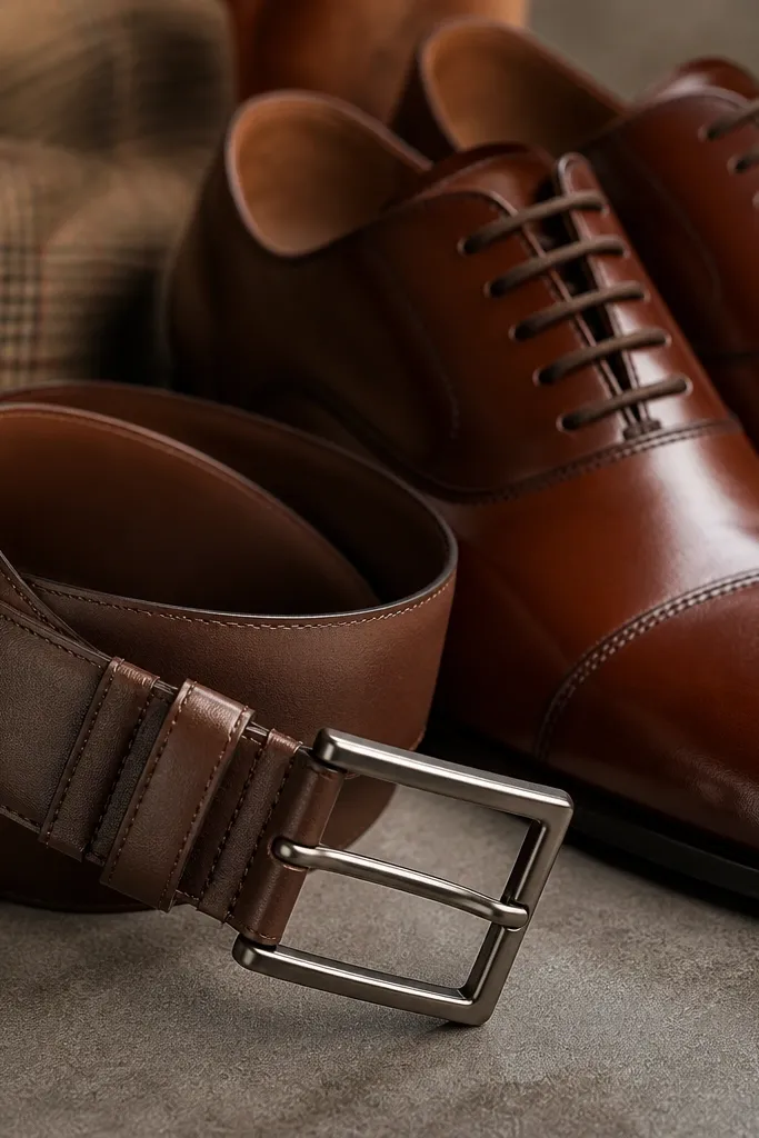 A close-up of a brown leather belt and brown leather dress shoes; one photo shows the belt is matte while the shoes are more polished with a slight shine.