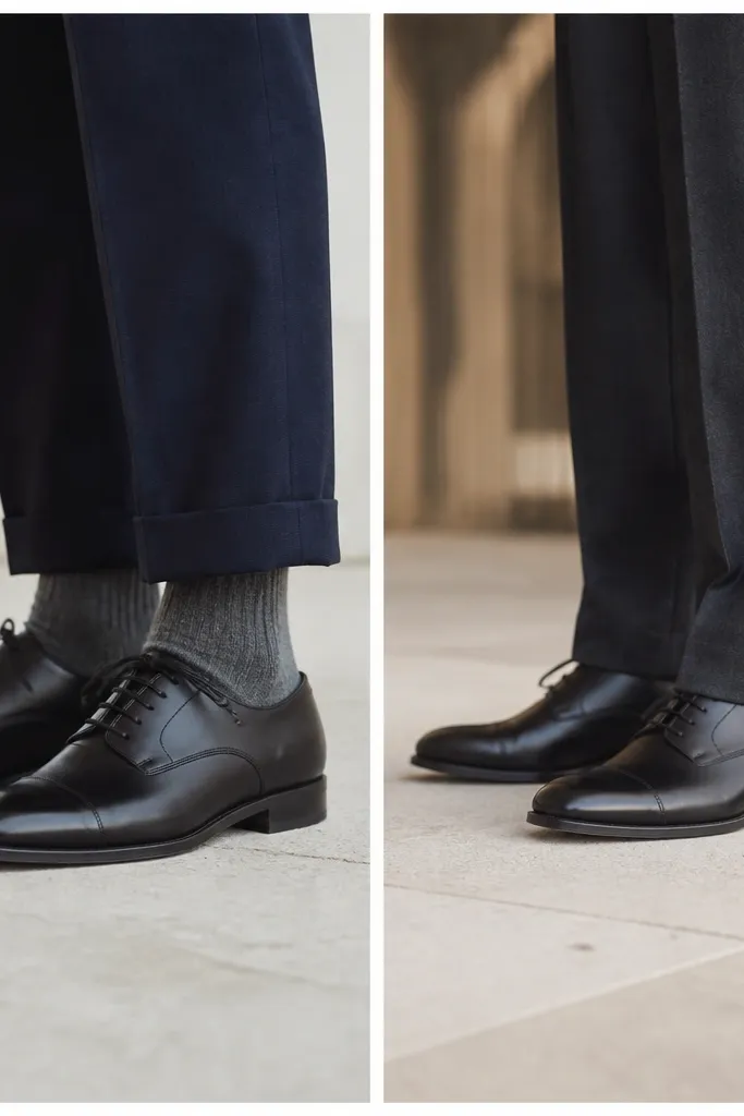 Lower-leg photo: pants break above the shoes showing socks; another photo shows a clean break with shoes fully covered.