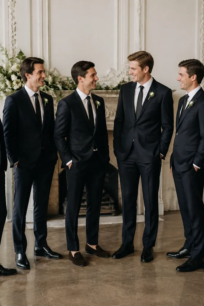 A wedding venue interior; groomsmen wear dress shoes with one pair looking like suede loafers while others wear polished oxfords.