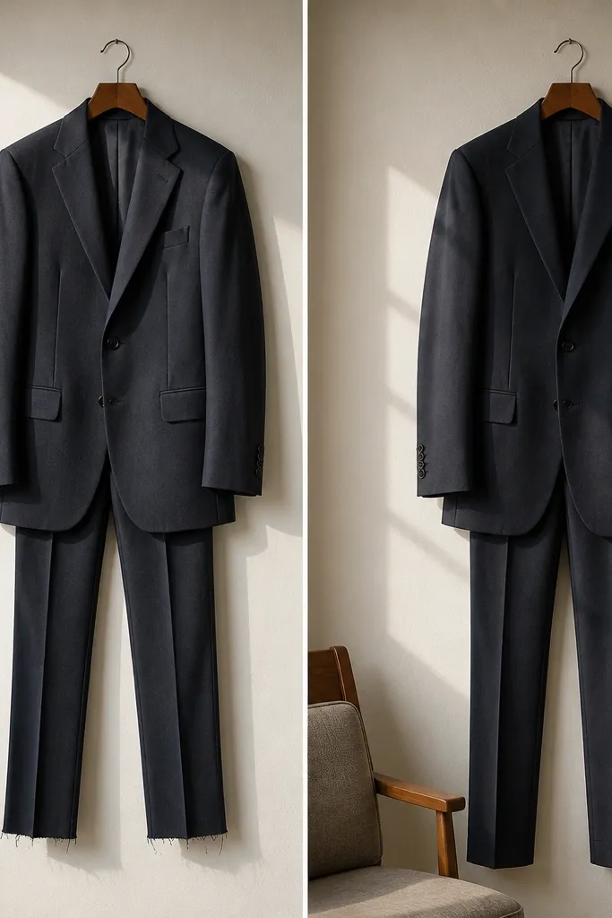 A suit jacket on a hanger with a visible crease and unhemmed trousers; a second photo shows a jacket with finished sleeve and trouser hems.