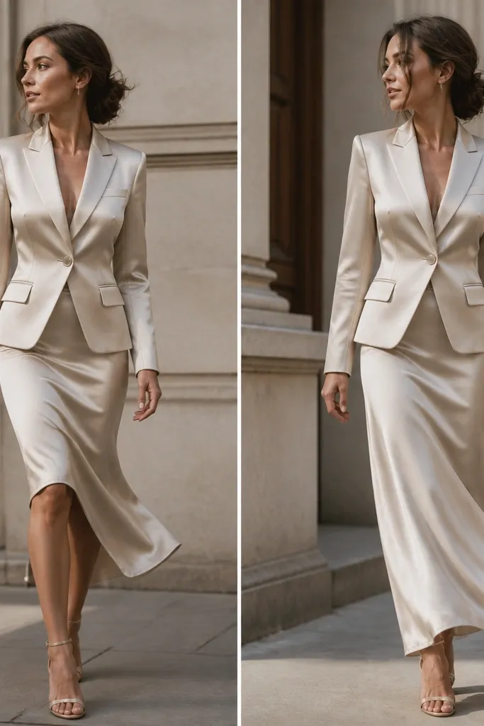 A woman in a satin midi skirt suit walking; one hem sits mid-calf while another hem hits closer to the ankle, showing how movement changes the silhouette.