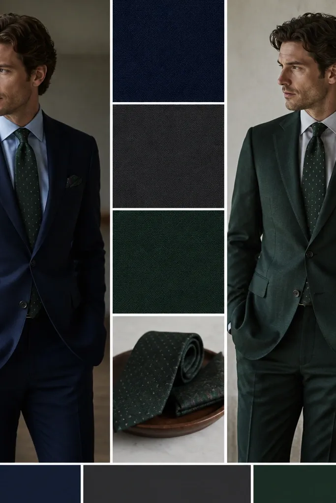 Color palette board showing navy, charcoal, and deep forest with swatches; two outfits use different shades but share tie and pocket square accents.