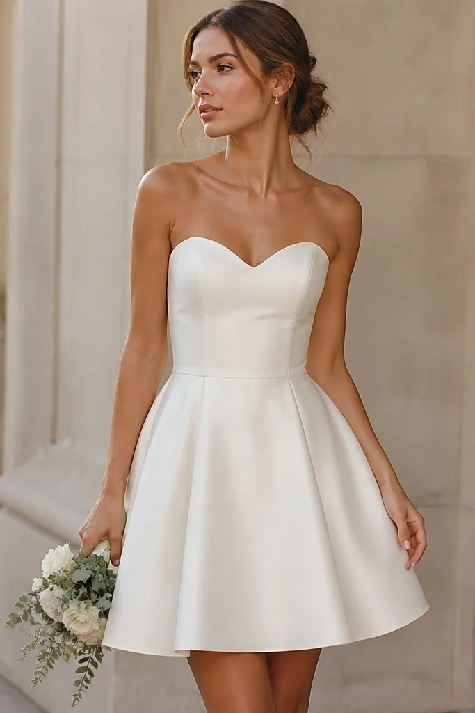 A cream above-the-knee A-line short wedding dress with a fitted bodice, subtle sweetheart neckline, and a skirt that flares gently from the waist; the fabric looks smooth with faint sheen.