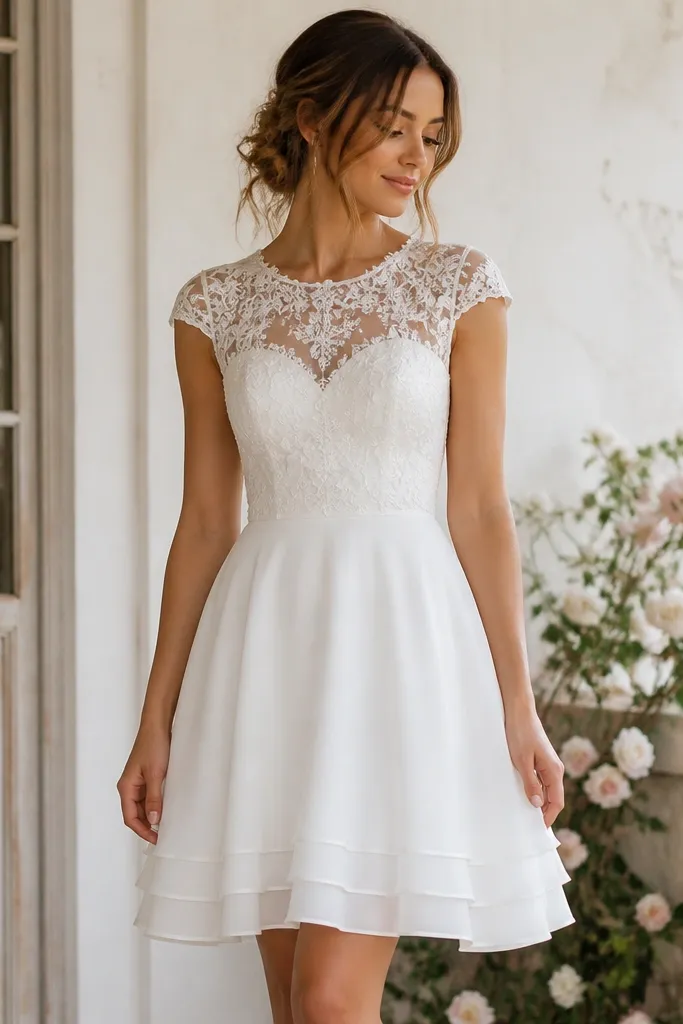 A white short wedding dress with a mid-thigh hemline, delicate lace overlay on the bodice, and a skirt that falls in clean layers; the image shows the hem sitting slightly below the fingertips when standing.
