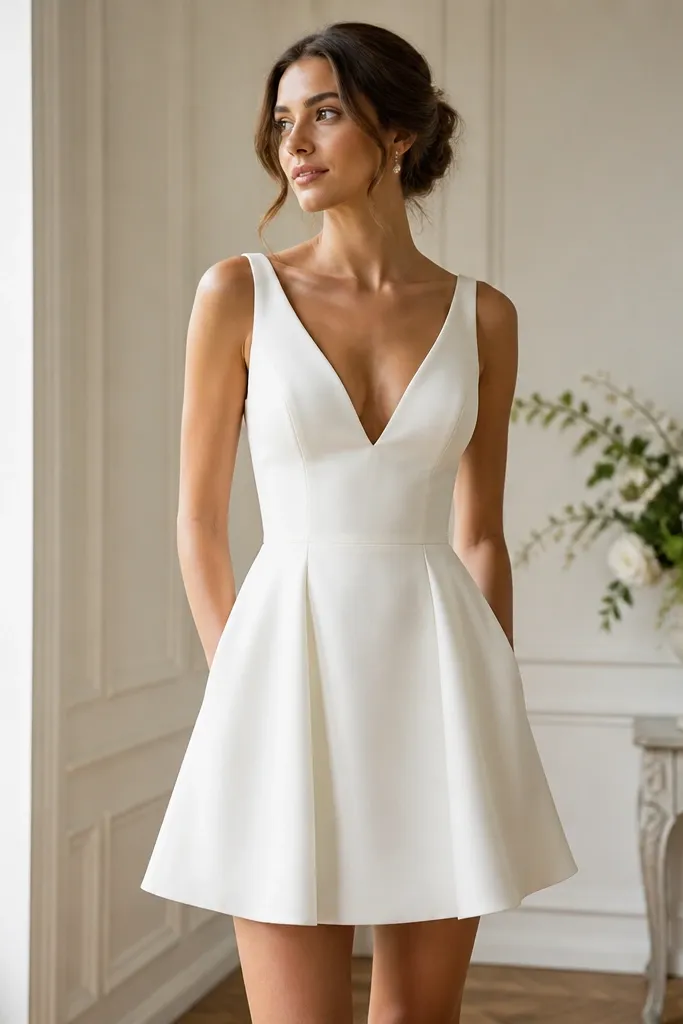 A fitted short wedding dress in ivory with a cinched waist seam, a lightly flared skirt, and a V-neck front; the skirt panels create a clear hourglass shape.