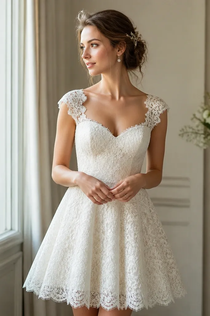 A short ivory wedding dress with lace cap sleeves, a scalloped lace hem edge, and a fitted bodice; the skirt has a textured lace pattern with a smooth lining underneath.