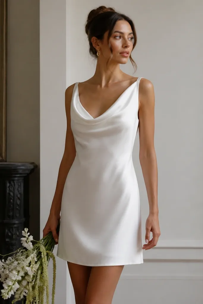 A satin white short wedding dress with a draped cowl-style neckline, a straight mini skirt, and a subtle sheen; it looks smooth and fluid with minimal seams.