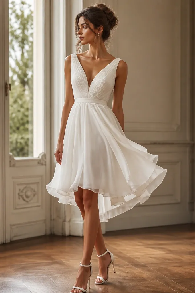 A short wedding dress with a soft chiffon overlay over a fitted underdress; the overlay looks airy with gentle flutter at the hem and around the waist.
