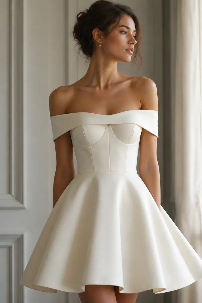 A short off-shoulder wedding dress in cream with wide neckline bands, visible cup shaping, and a flared skirt; the shoulders are bare and the bodice looks held in place.