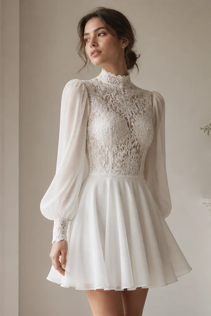 A short wedding dress with a mock neck, lace paneling on the torso, and a softly flared skirt; the neckline looks higher and the sleeves are fuller than typical minis.