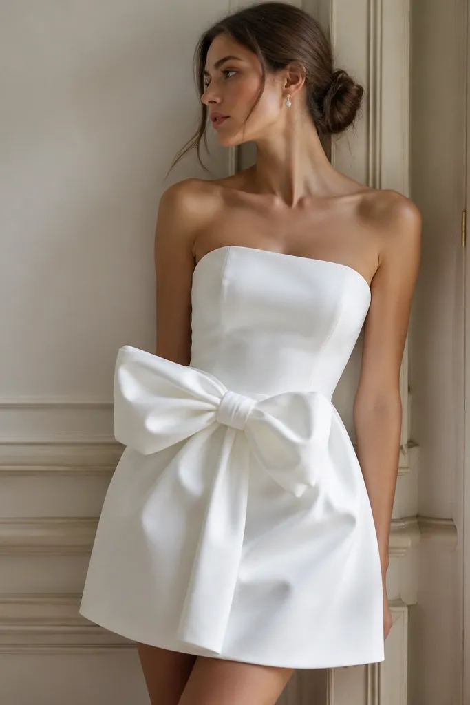 A white short wedding dress with a large bow at the waist and a fitted bodice; the skirt is simple and smooth, letting the bow stand out.