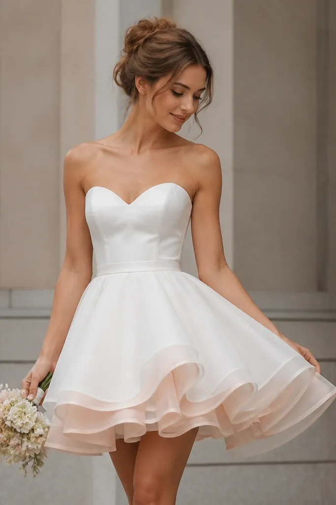 A mostly white short wedding dress with a subtle blush-toned underlayer visible at the hem and in the skirt layers; the bodice appears bright white with soft contrast.