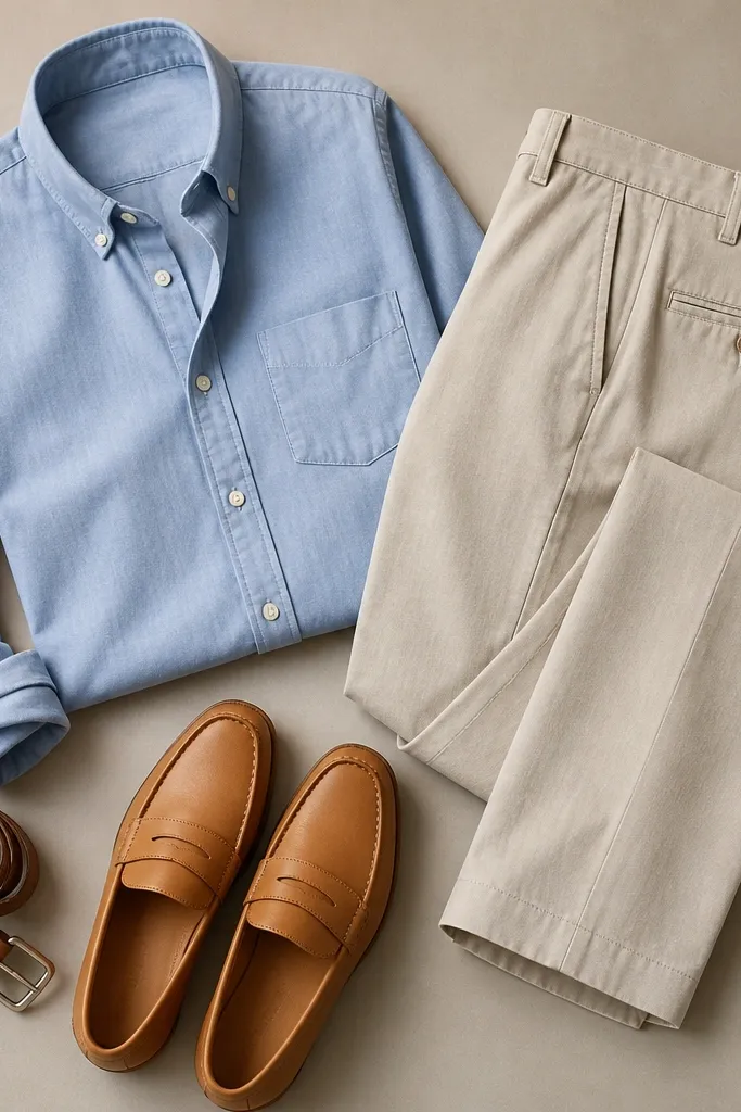A group-style flat lay showing a light blue button-down paired with stone-colored chinos, a tan leather belt, and tan loafers on a neutral background.