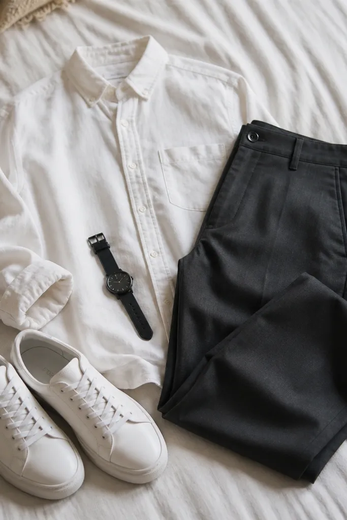 A styled outfit on a bed: soft white chambray shirt, charcoal trousers, white sneakers, and a simple black watch laid beside the shirt.